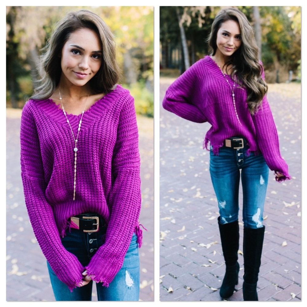 Magenta Frayed V-Neck Distressed Sweater - Picture 2 of 7
